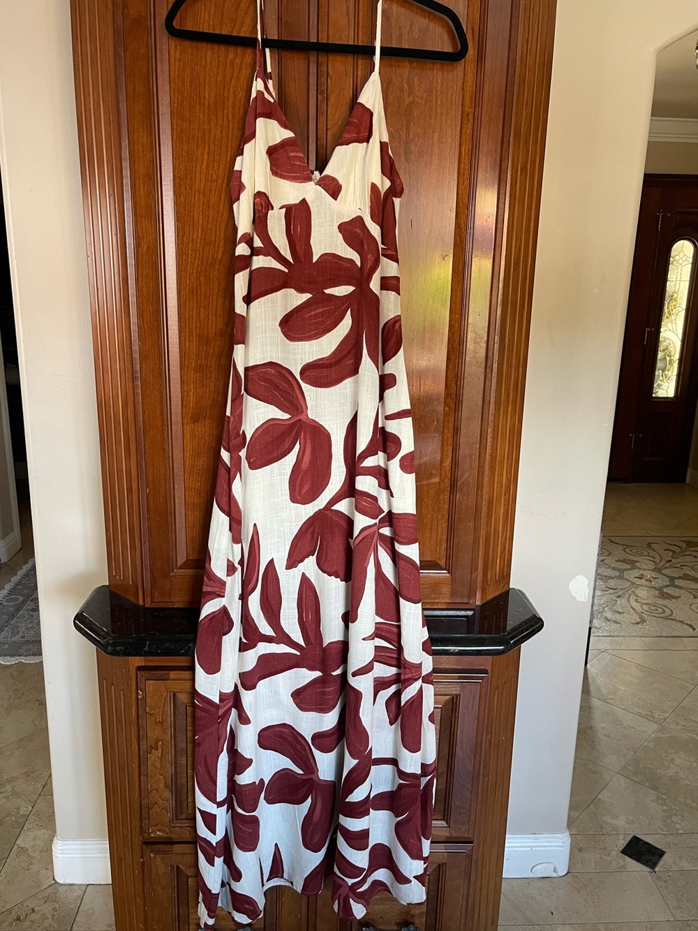 Ivory Maxi Dress with Burgundy Floral Print